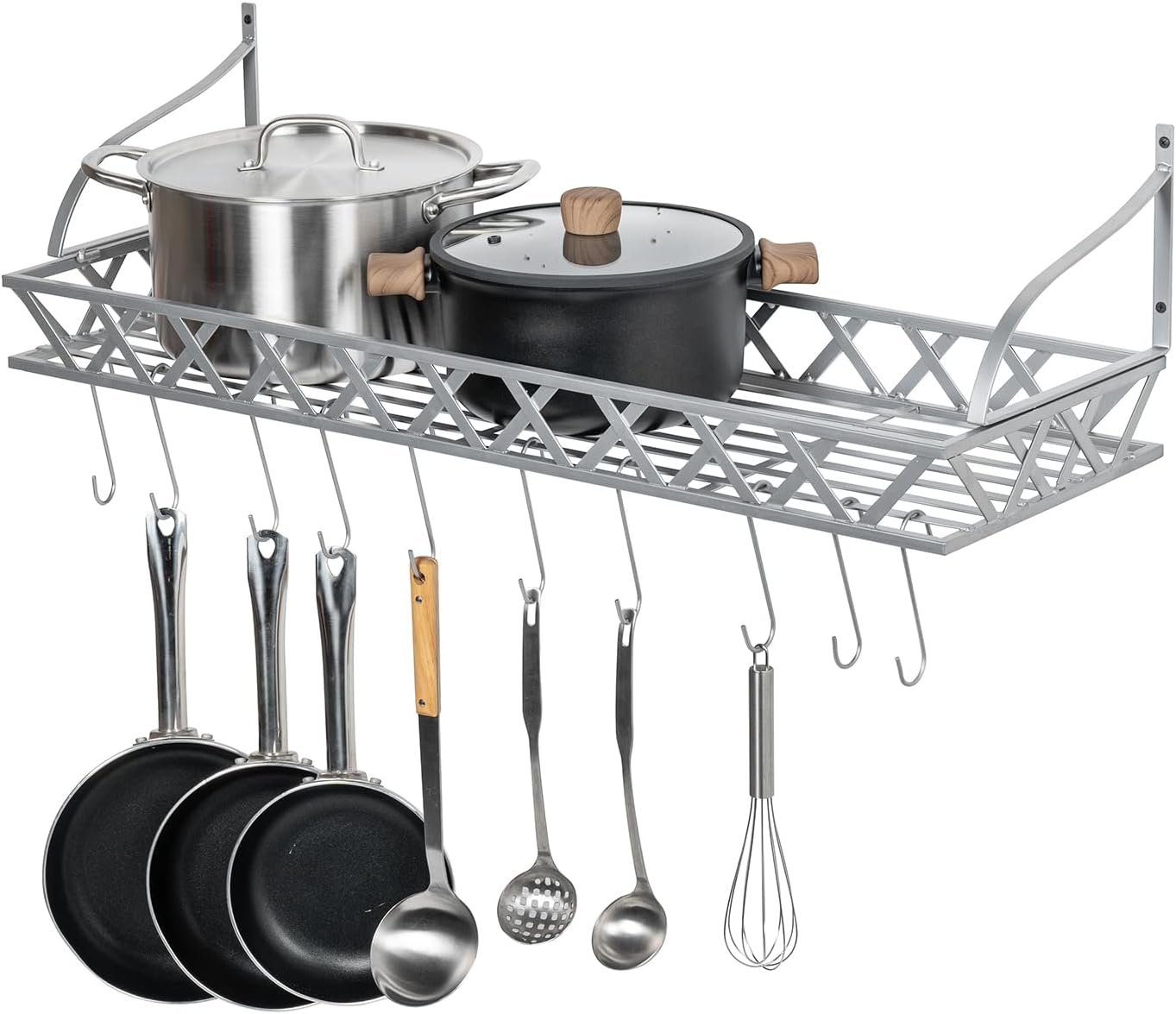 MyGift Wall Mounted Silver-Tone Metal Hanging Kitchen Pots, Pans and Utensils Storage Cookware Rack with 12 Removable S-Hooks and Top Display Shelf for Condiments Spice Rack