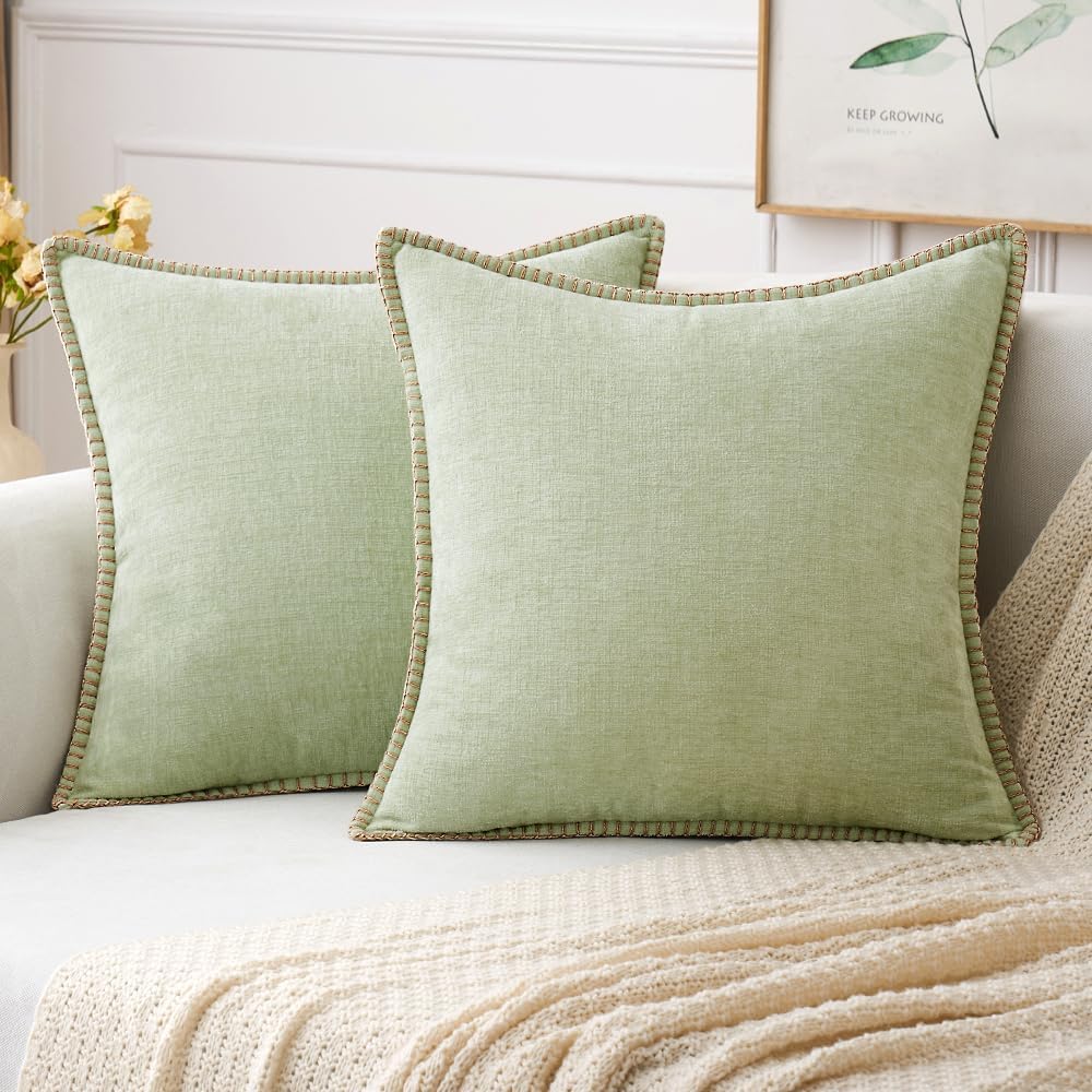 MIULEE Pack of 2 Couch Throw Pillow Covers 16x16 Inch Light Green Farmhouse Decorative Pillow Covers with Stitched Edge Soft Chenille Solid Dyed Spring Pillow Covers for Sofa Bed Living Room