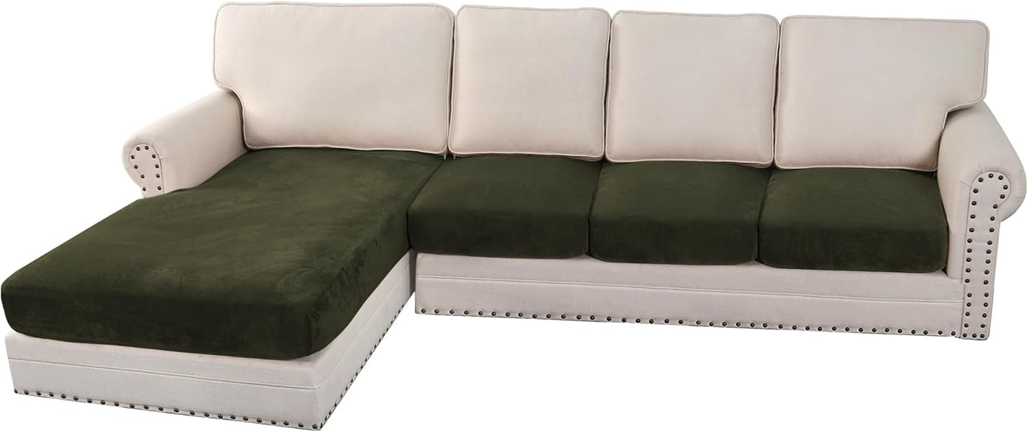 H.VERSAILTEX Velvet Stretch Sectional Couch Covers 4 Pieces Sofa Seat Cushion Covers L Shape Separate Couch Cover for Both Left/Right Sectional Couch (Large Sofa 3 Seater + 1 Chaise, Olive)