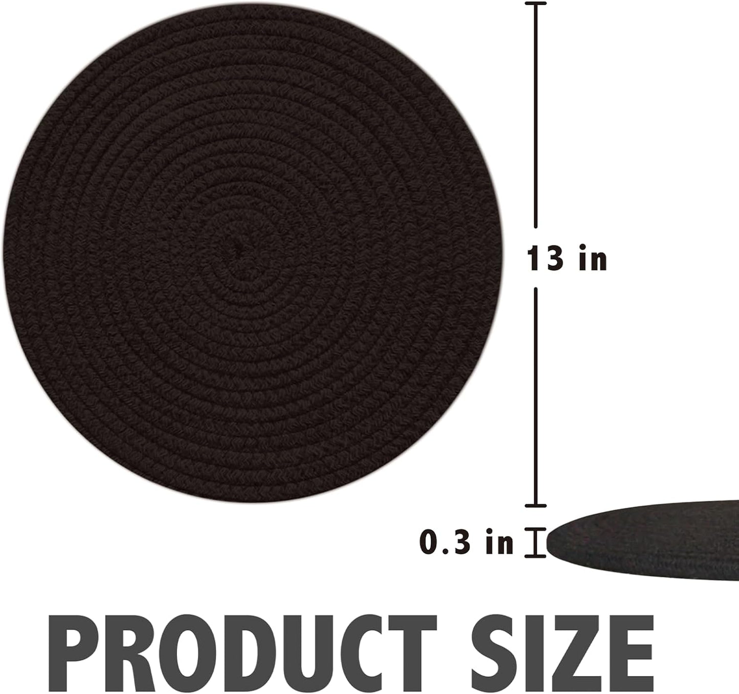 Round Placemats Set of 6, Cotton Rope Woven Table Mats, Hot Pads for Kitchen, Non Slip Heat Resistant Place Mats, 13 Inches Braided Placemat for Farmhouse Decor and Kitchen Table Decor (Black)