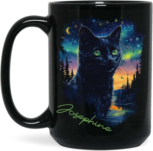 Custom Cute Cat Coffee Mug With Northern Lights, Customized Name Ceramic Mug 11oz 15oz, Beautiful Nature Scene Mug, Personalized Animal Lovers Black Cup, Gift For Pet Enthusiasts
