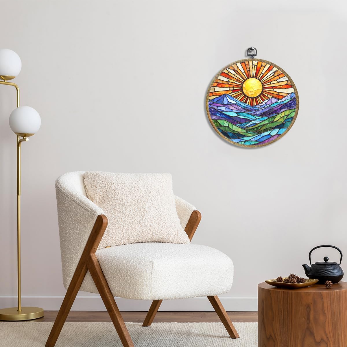 Colorful Mountain Sunset Bohemian Style Rainbow Sunrise Art Gift Framed Round Wall Decor Canvas Wall Art Hanging Prints Artwork for Home Nursery Bedroom Door Office Porch Decorations 10.2X10.2 Inch