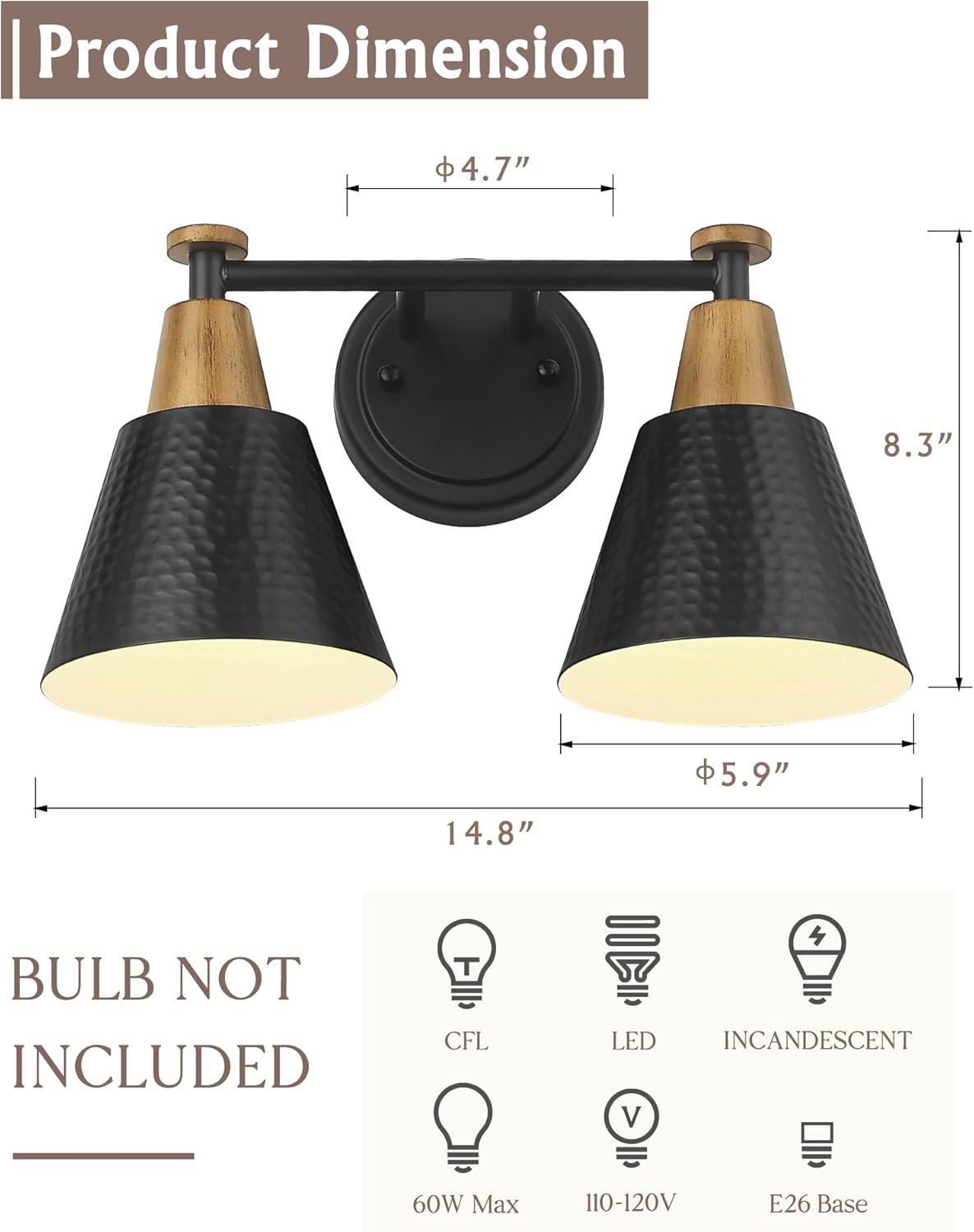 FEMILA Black Bathroom Light Fixtures, 2-Light Bathroom Vanity Lights Over Mirror with Hammered Metal Shade, Modern Wall Sconces Lighting for Kitchen Bedroom Living Room, 4FG59B-2W BK