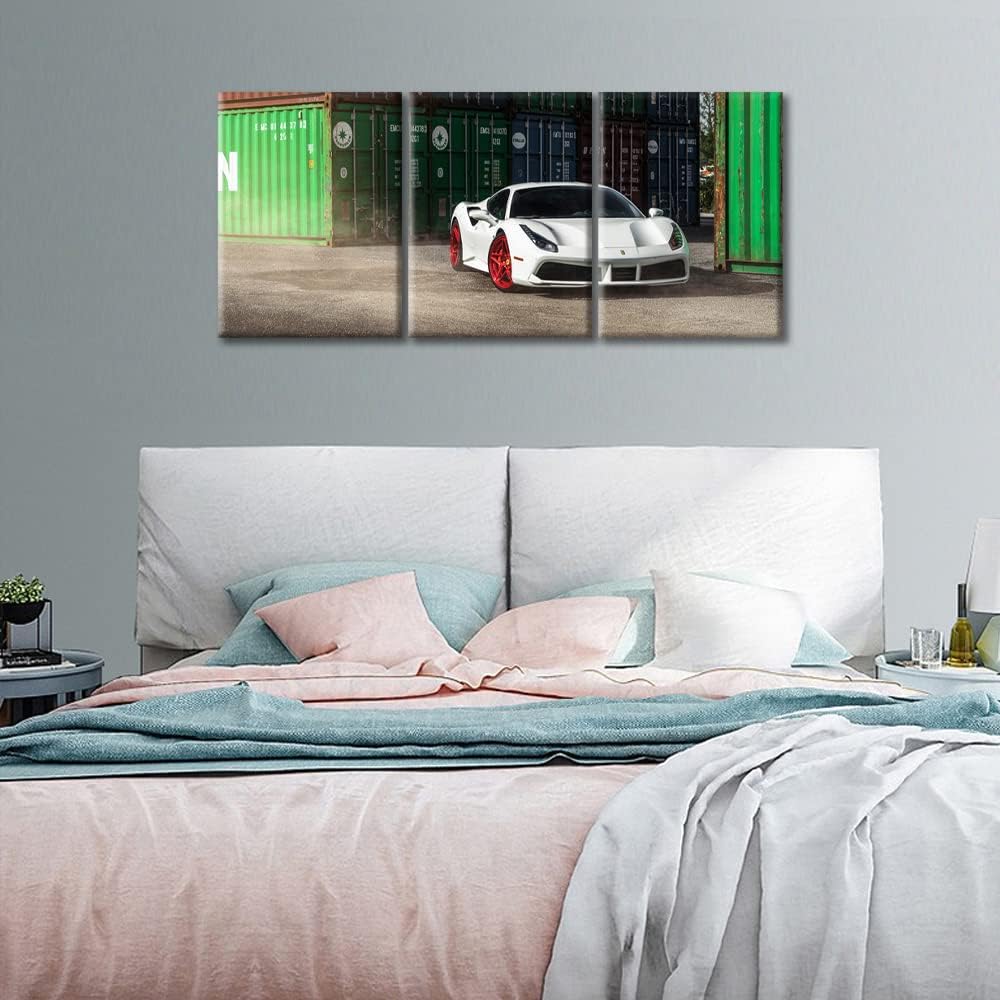 TUMOVO White Sports Car Wall Art Painting Super Car Poster for Men Boys Bedroom Living Room Car in Warehouse Framed Modern Pictures Canvas Prints Artwork for Wall Decor Office Decorations, 36" Wx16 H