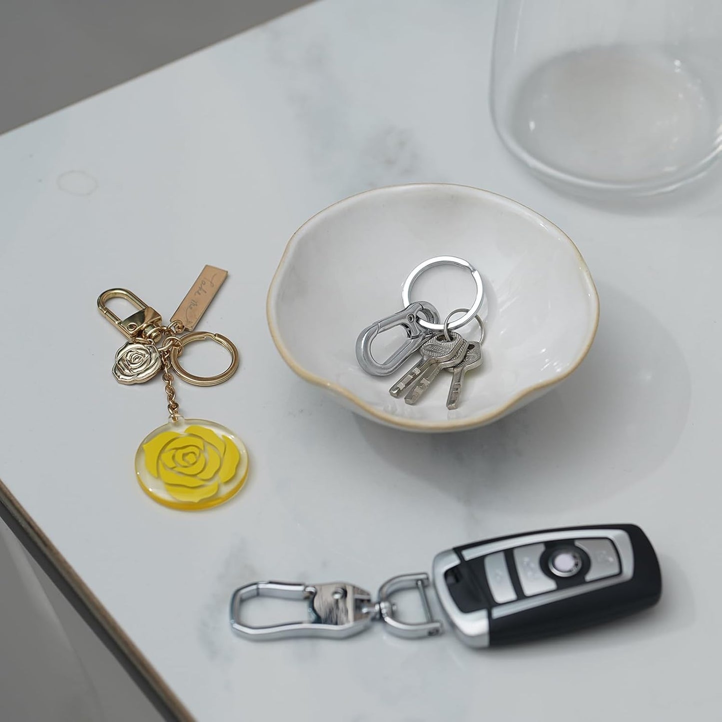 4.72" Small Decorative Bowl, Ceramic White Key Bowl for Entryway Table, Jewelry Dish, Trinket Holder, Potpourri Bowl, Vintage Home Decor with Unique Irregular Rim (White)