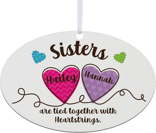 Let’s Make Memories Personalized Christmas Ornament - for Sisters - 2024 Christmas Ornament - Pastel Holiday Décor - Wood - Oval - Heartstrings - 2–6 Names