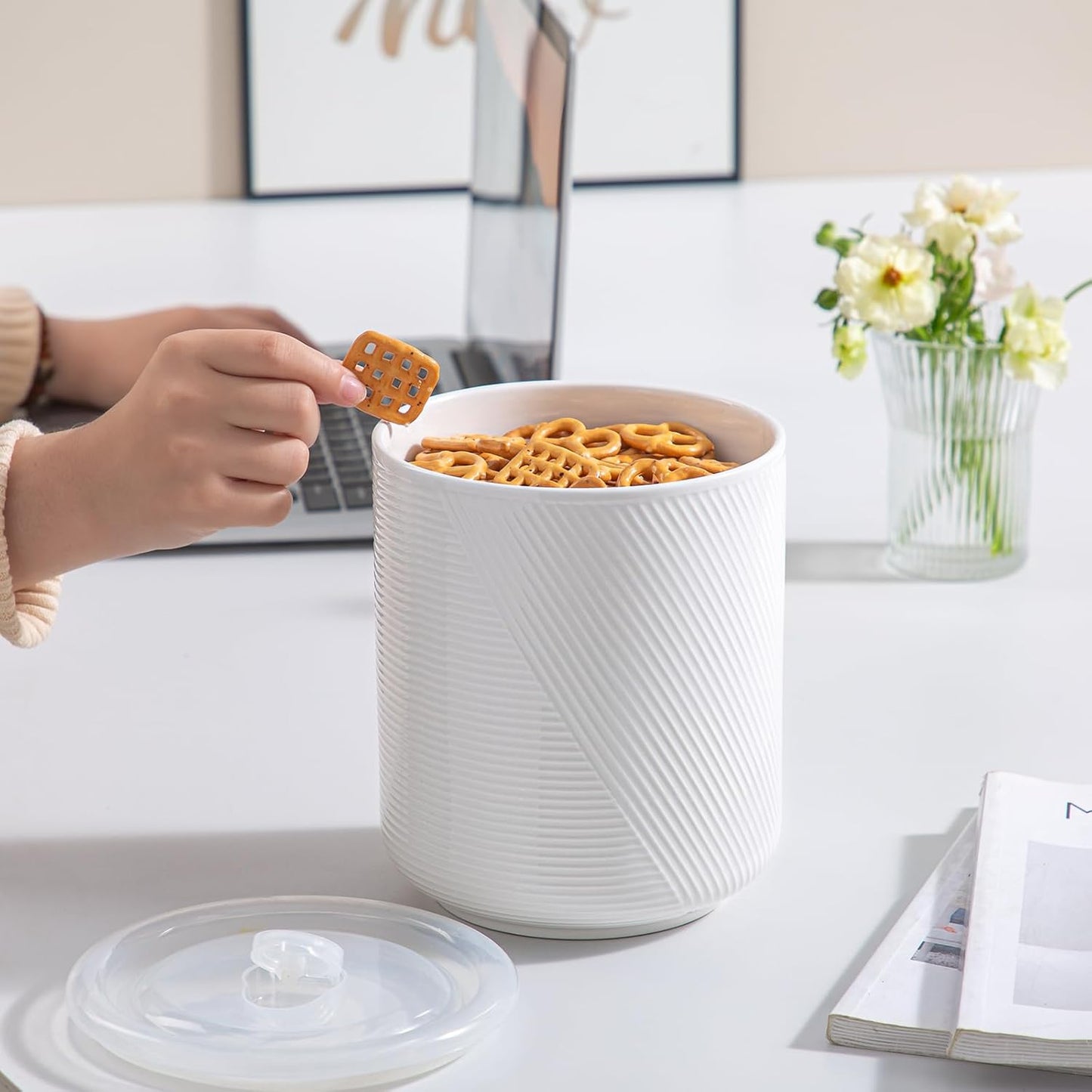 Food Storage Containers with Airtight Lids: Ceramic Canister Sets for Kitchen Countertop - Porcelain Jar for Coffee Tea Flour Sugar Rice Cookies Candy - White (75 oz)