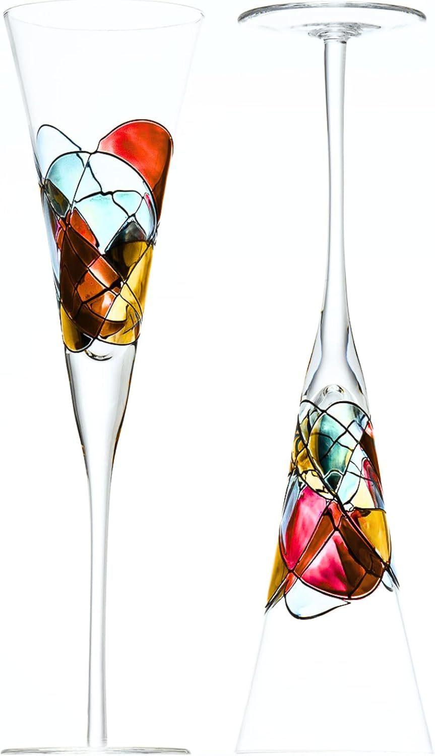Victoria Barcelona Champagne Flute - 7.5 Oz Mouth-Blown Hand Painted, Antoni Gaudi & Murano Inspired Artistic Unique Gift Ideas Anniversary, Birthday, Weddings, Women & Men (2, Sagrada Red)