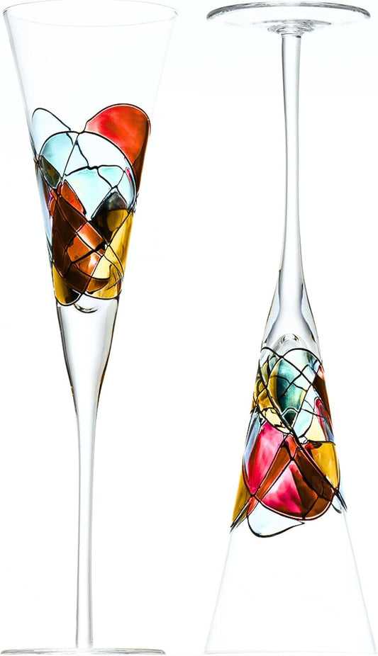 Victoria Barcelona Champagne Flute - 7.5 Oz Mouth-Blown Hand Painted, Antoni Gaudi & Murano Inspired Artistic Unique Gift Ideas Anniversary, Birthday, Weddings, Women & Men (2, Sagrada Red)