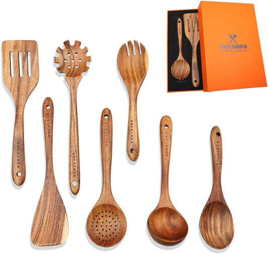 7-Piece Wooden Cooking Utensil Set - Teak Spatula and Spoons for Kitchen