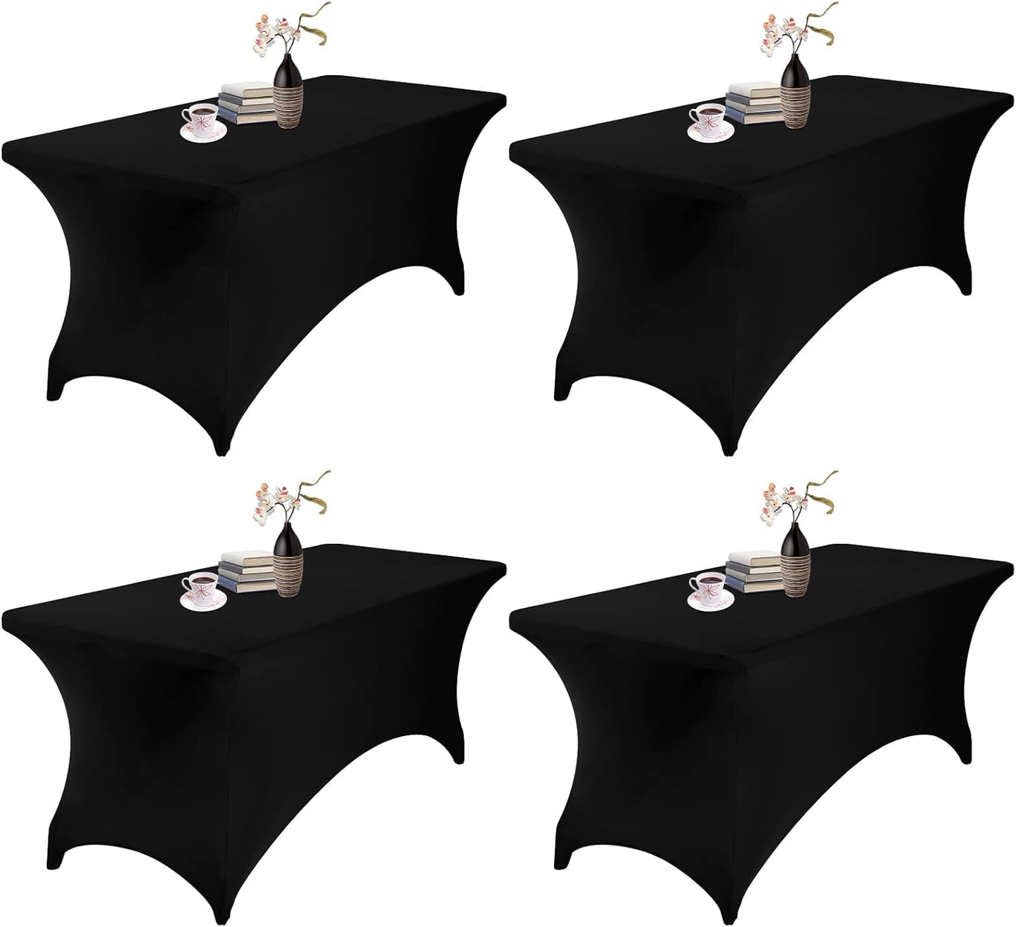 4-Pack Rectangular Spandex Waterproof Tablecloth, 6FT, Black - Stretchable, Stain Resistant, All-Season, Durable, Party, Wedding, Banquet, Events, Table Cover