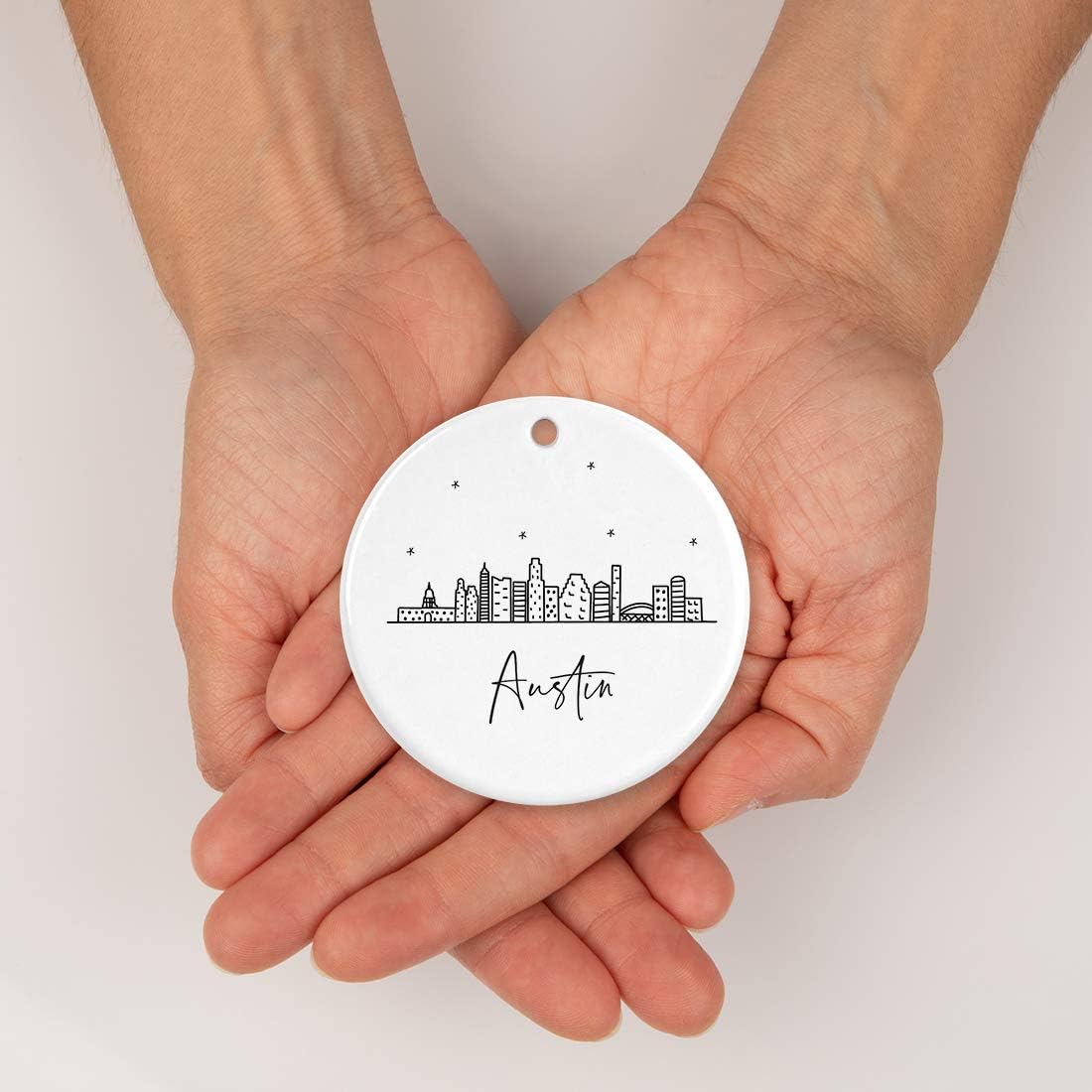 Andaz Press Round Ceramic Porcelain Christmas Tree Ornament Keepsake, Austin Black and White Stars City Skyline Graphic, 1-Pack, Birthday Gift Idea for Family Coworker Him Her, Includes Gift Box