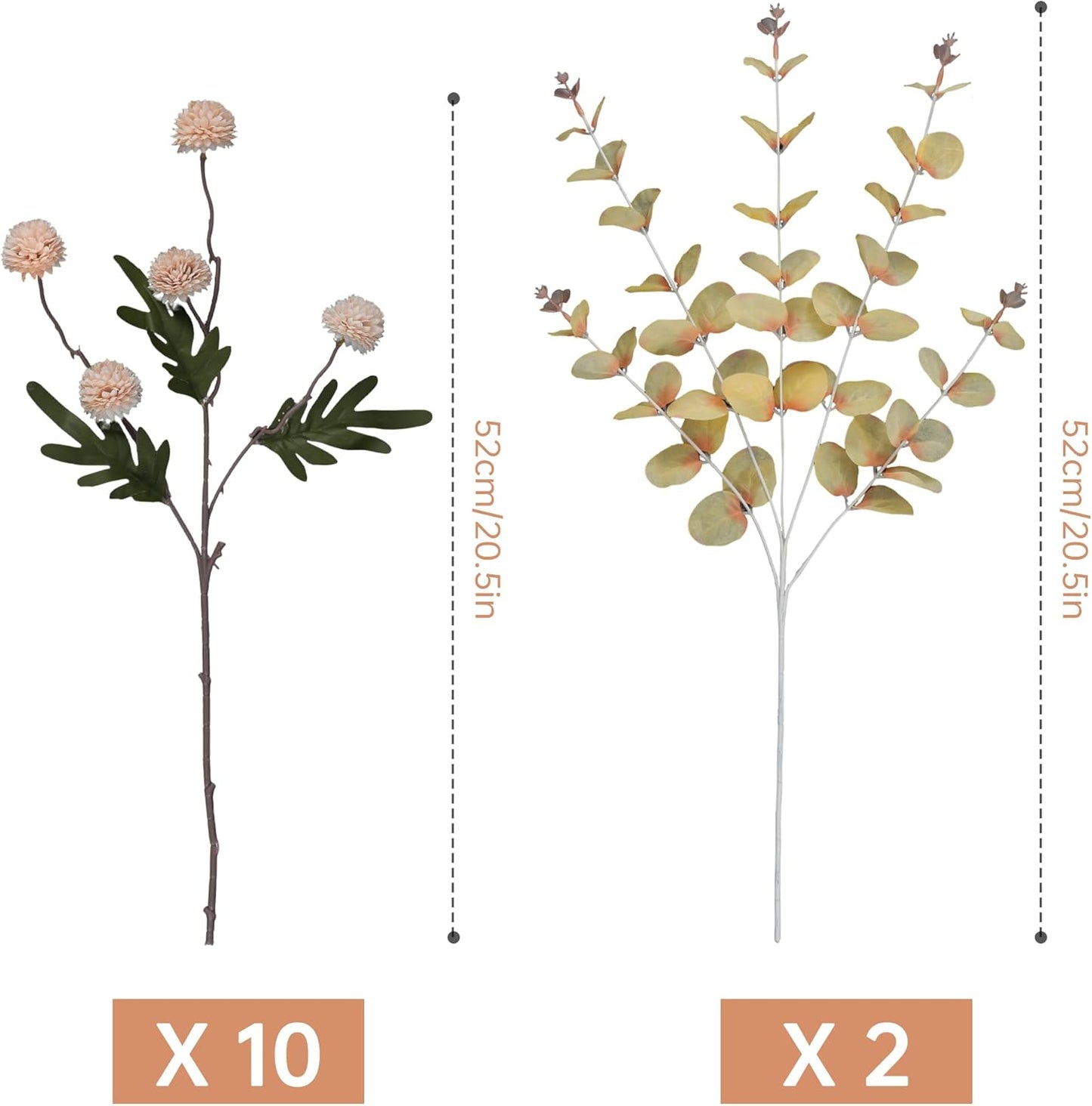 Faux Beige Kiku Flowers 10 Stems & 2 Eucalyptus, Fake Mums Pompon Flower Ball, Autumn Artificial Chrysanthemums Flowers for Boho Bedroom Decor, Silk Mini Faux Kiku Flower Wedding Arrangements Decor