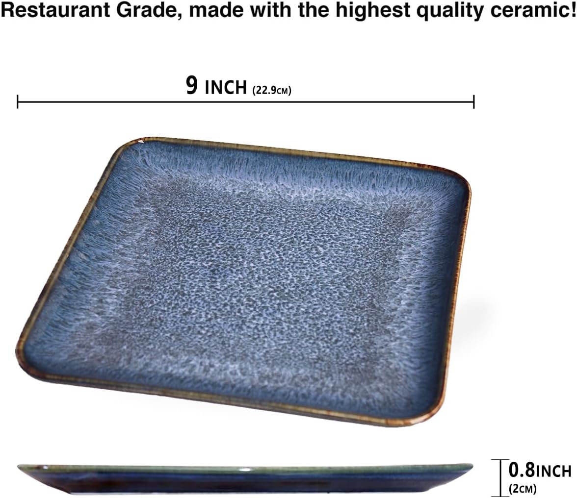 Ceramic Dinner Plates Dish Set, Set of 4, Microwave Oven and Dishwasher Safe, Scratch Resistant, Dinnerware Kitchen Porcelain Serving Dishes Blue, 9 inch Square plate