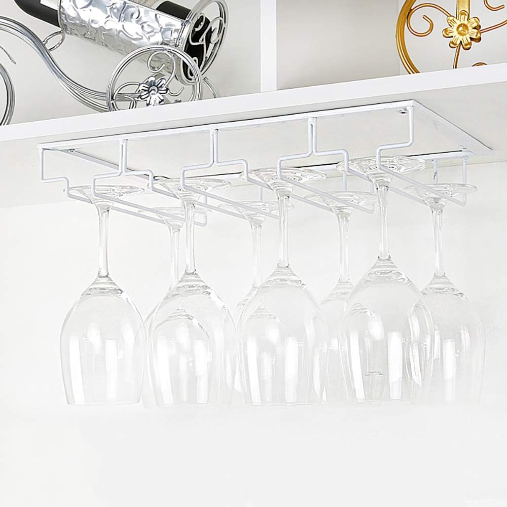Wine Glass Rack - Under Cabinet Stemware Wine Glass Holder Glasses Storage Hanger 2 Pack Metal Organizer for Bar Kitchen 4 Rows White