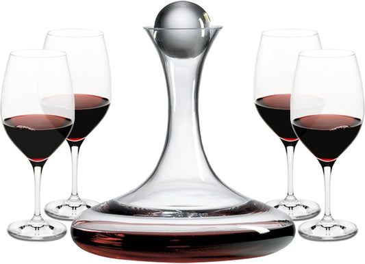 Ravenscroft Crystal | European-Made Decanter Gift Set |1 Handblown Decanter with Stopper (65 Fl Oz) and 4 Wine Glasses (21 Oz) | 100% Lead-Free Crystal