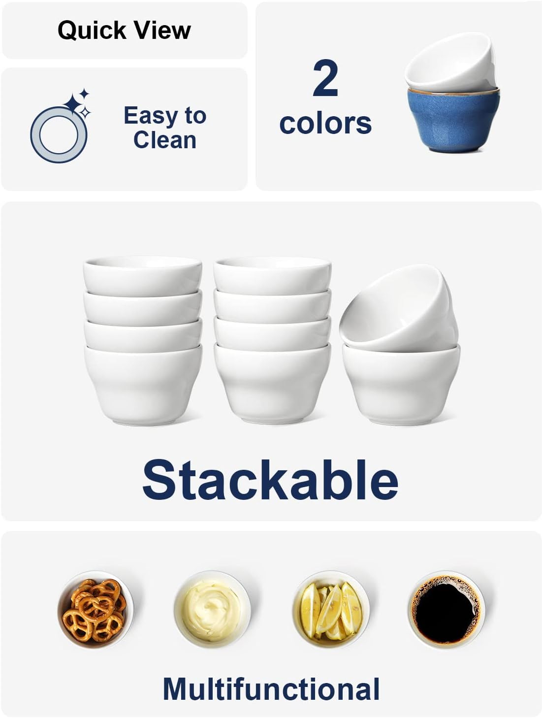 LE TAUCI Bouillon Cups 8 Ounce, Ice Cream Bowls, Small Bowls for Dessert Soup Chili Dipping Sauce Coffee Cupping - Set of 6, White