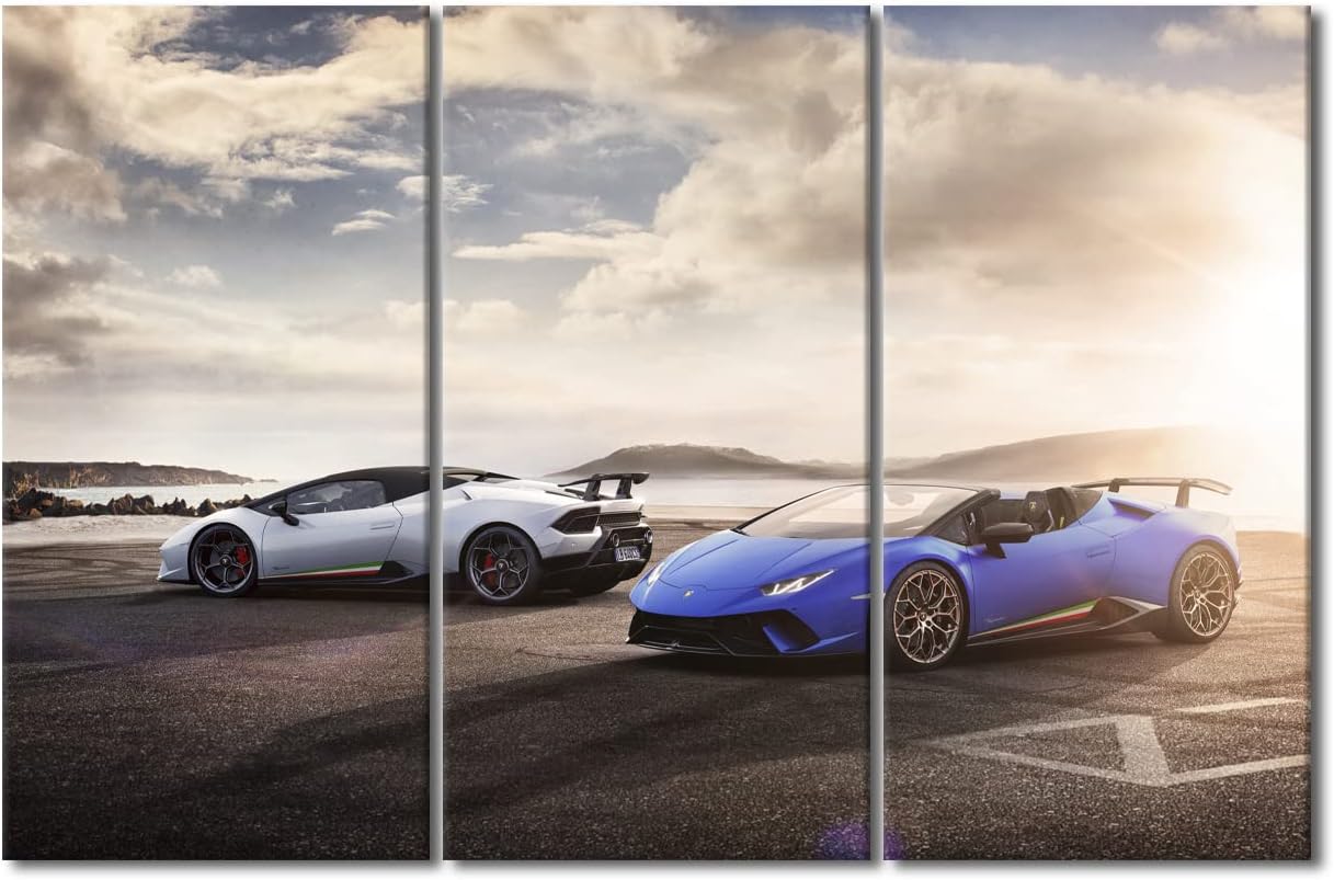 TUMOVO White and Blue Sports Car Modern Wall Art Super Car Abstract Picture Seaside Sunset Contemporary Artwork Print On Canvas Bedroom Wall Art Picture for Living Room Framed Ready to Hang 60"Wx40"H