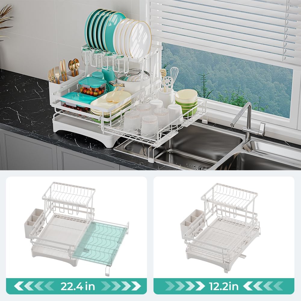 2 Tier Large Dish Drying Rack - Extendable Dish Rack, 2-in-1 Anti-Rust Stainless Steel Dishrack for Kitchen Counter and Sink, Dish Strainer with Utensil Holder & Cup Holder(White)