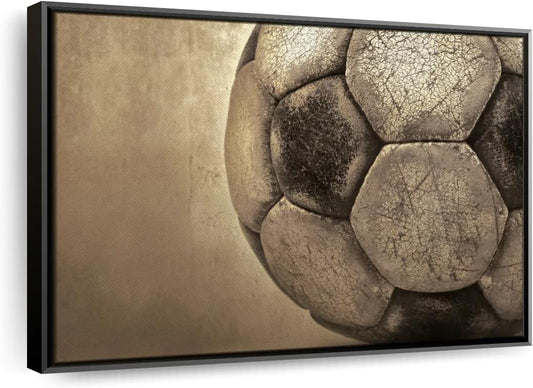 Elephant Stock Worn Soccer Ball Wall Art - Horizontal Framed Canvas - 1-Piece Living Room Wall Decor - Photography sports Canvas Print - Brown and Gray Decor for Wall - 31" X 21"