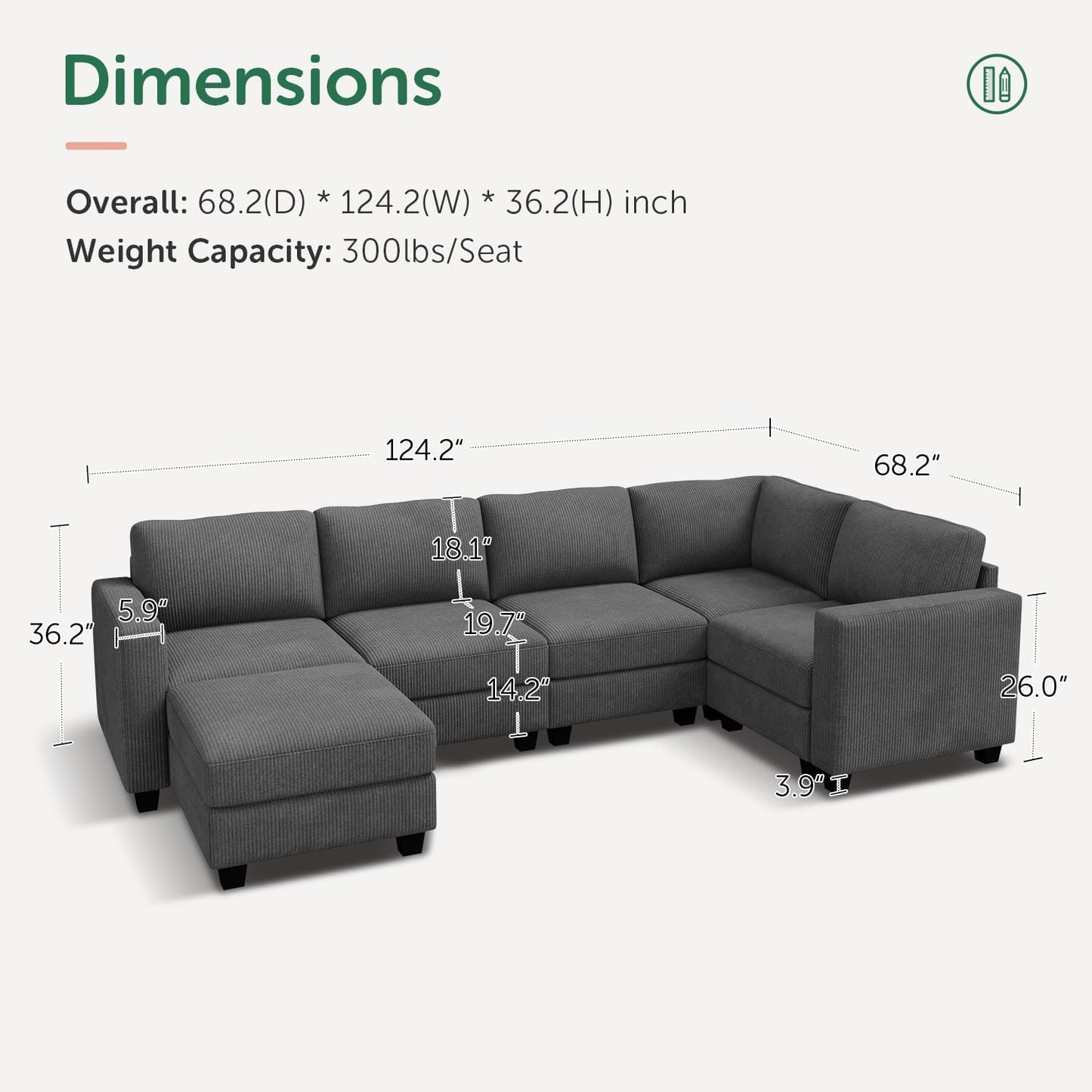 HONBAY U-Shaped Corduroy Sectional Couch with 6 Seaters Modular Sectional Sofa with Storage Sectional Couches for Living Room, Dark Gray