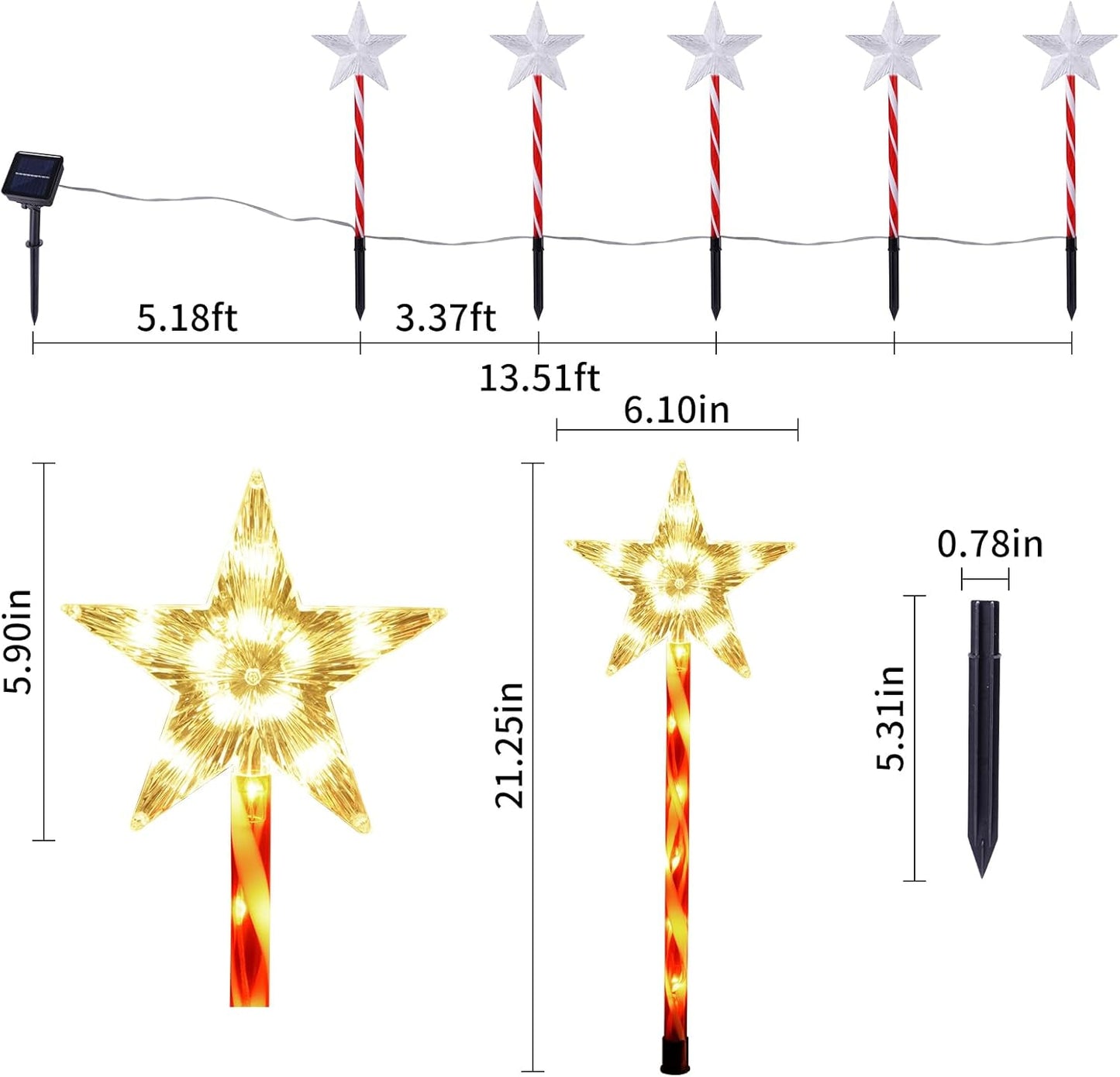 Christmas Solar Pathway Lights Outdoor Decorations, Modes Star Candy Lights Waterproof Led Garden Stake Light for Walkway Yard Lawn Porch Holiday Decor 5-Pack (Red Tube Star, 5 Pack)