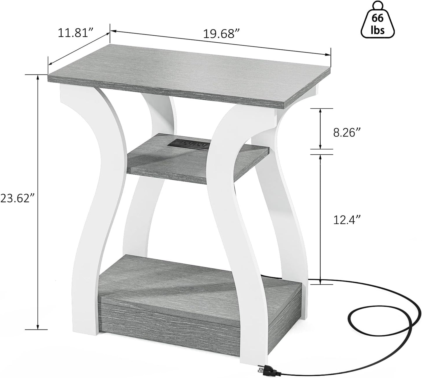 End Tables Living Room Set of 2,Grey End Table with Charging Station,Grey Side Table, Nightstand for Bedroom, 3 Tier End Table with Storage Shelf for Living Room
