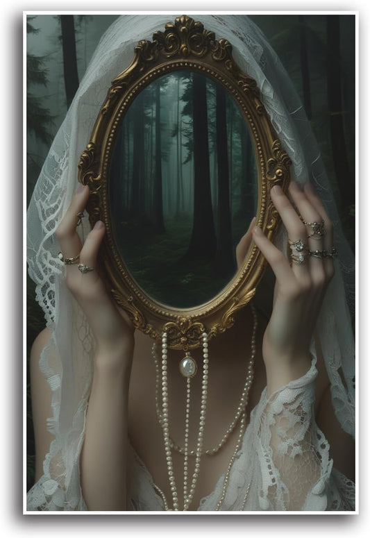 Mirror face covering dark art poster print melancholy gothic painting vintage feminine print victorian style decoration antique art8x12in Frameless