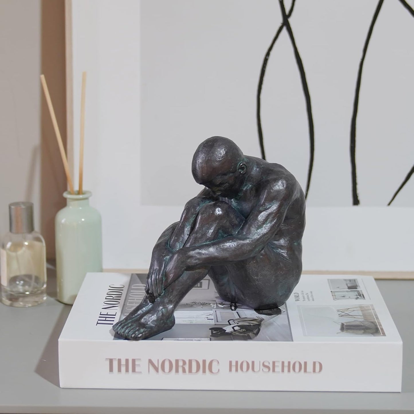 Guichifun Sitting Man Sculptures Home Decor - Resin Bronze Male Holding Arms Legs Lonely Statues Decorative Objects Outdoor Gift for Men 7.5 x 3.7 x 5.8 Inch