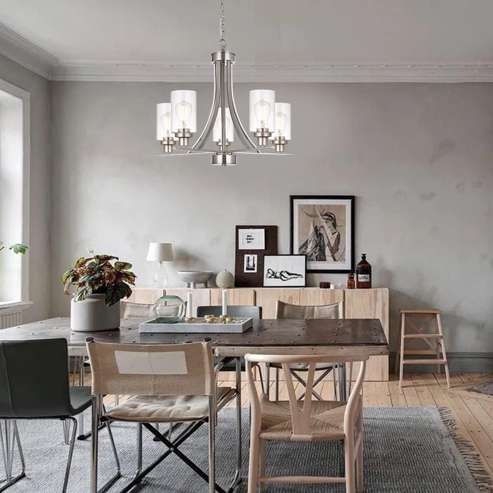 BONLICHT 5 Lights Traditional Chandelier Brushed Nickel Kitchen Island Dining Room Lighting Fixtures Hanging Seeded Glass Pendant Light Modern Flush Mount Ceiling Light for Living Room Bedroom Foyer