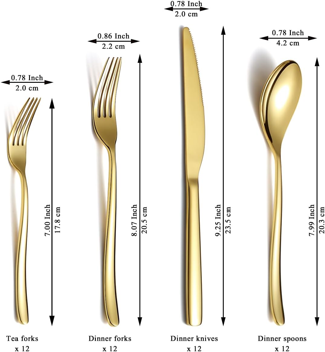 Berglander Gold Silverware Set 48pcs Service for 12, Golden Titanium Plating Stainless Steel Flatware Set, Gold Spoons Forks Knives Set for Home, Wedding, Restaurant, Hotel, Dishwasher Safe