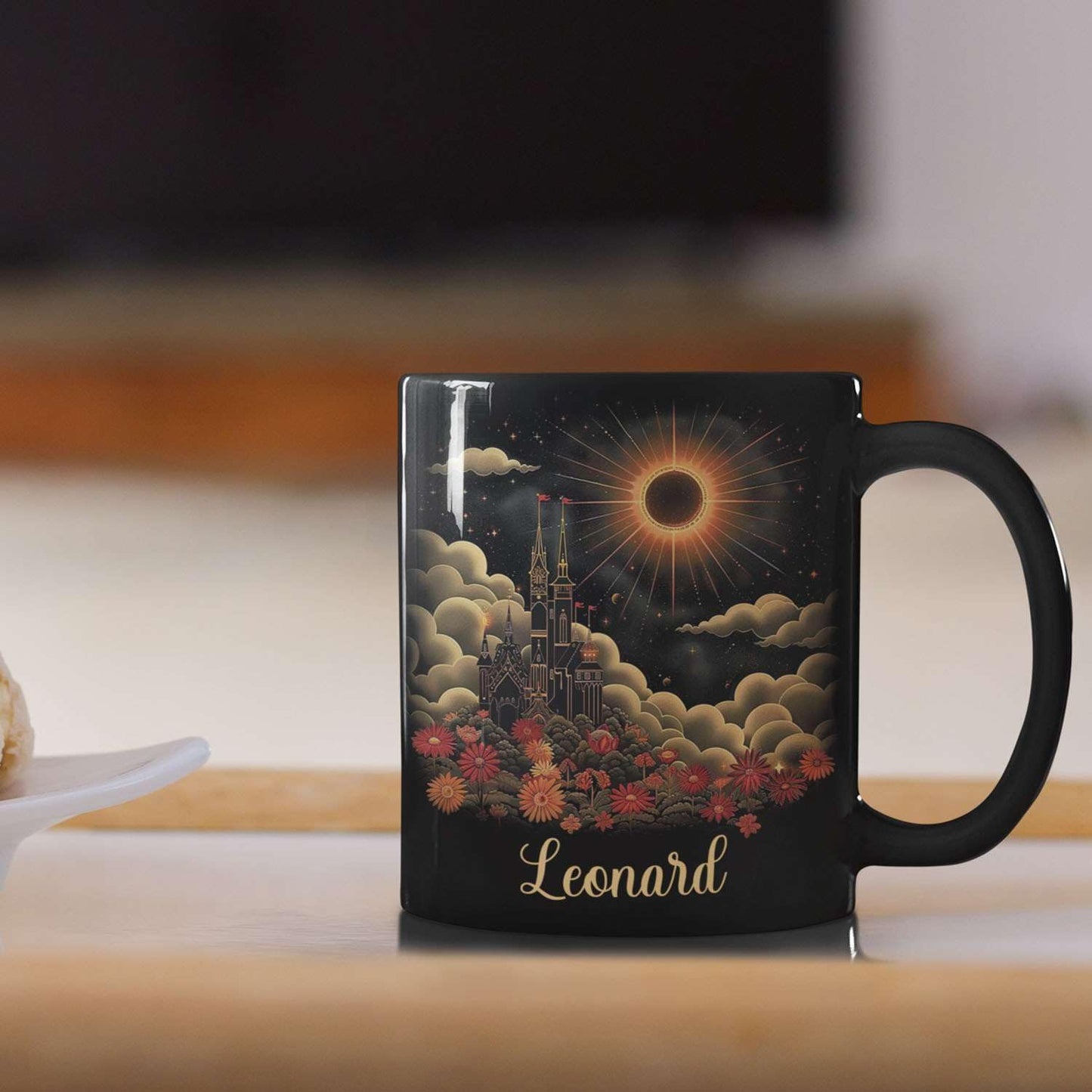 Personalized Name Coffee Mug 11oz 15oz, Custom Fantasy Castle Mug with Gothic Style, Vibrant Celestial Scene Ceramic Cup, Unique Castle Black Coffee Cup, Gifts for Her, Him