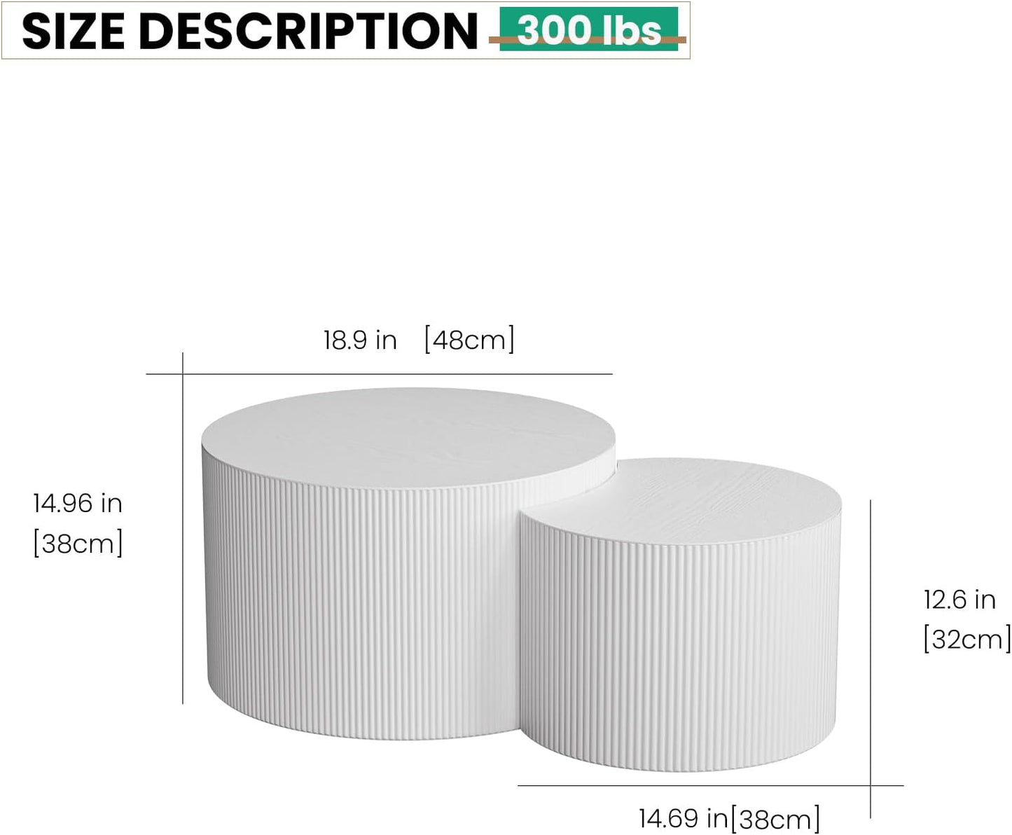 Round Nesting Coffee Table Set of 2 Handcraft Circle Fluted Nesting Coffee Tables Circular Side Table Drum Accent End Tables for Living Room Bedroom (White B Small)