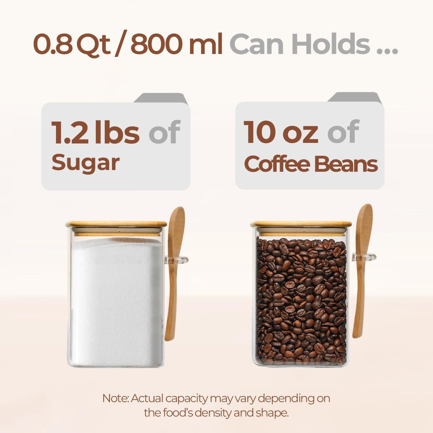 ComSaf 0.8 Qt Glass Jars with Bamboo Lids & Spoons Set of 4, Square Glass Containers with Lids, Sugar Coffee Containers Salt Spice Jars, Pantry Storage Container for Loose Tea, Candy, Brown Sugar, Nut