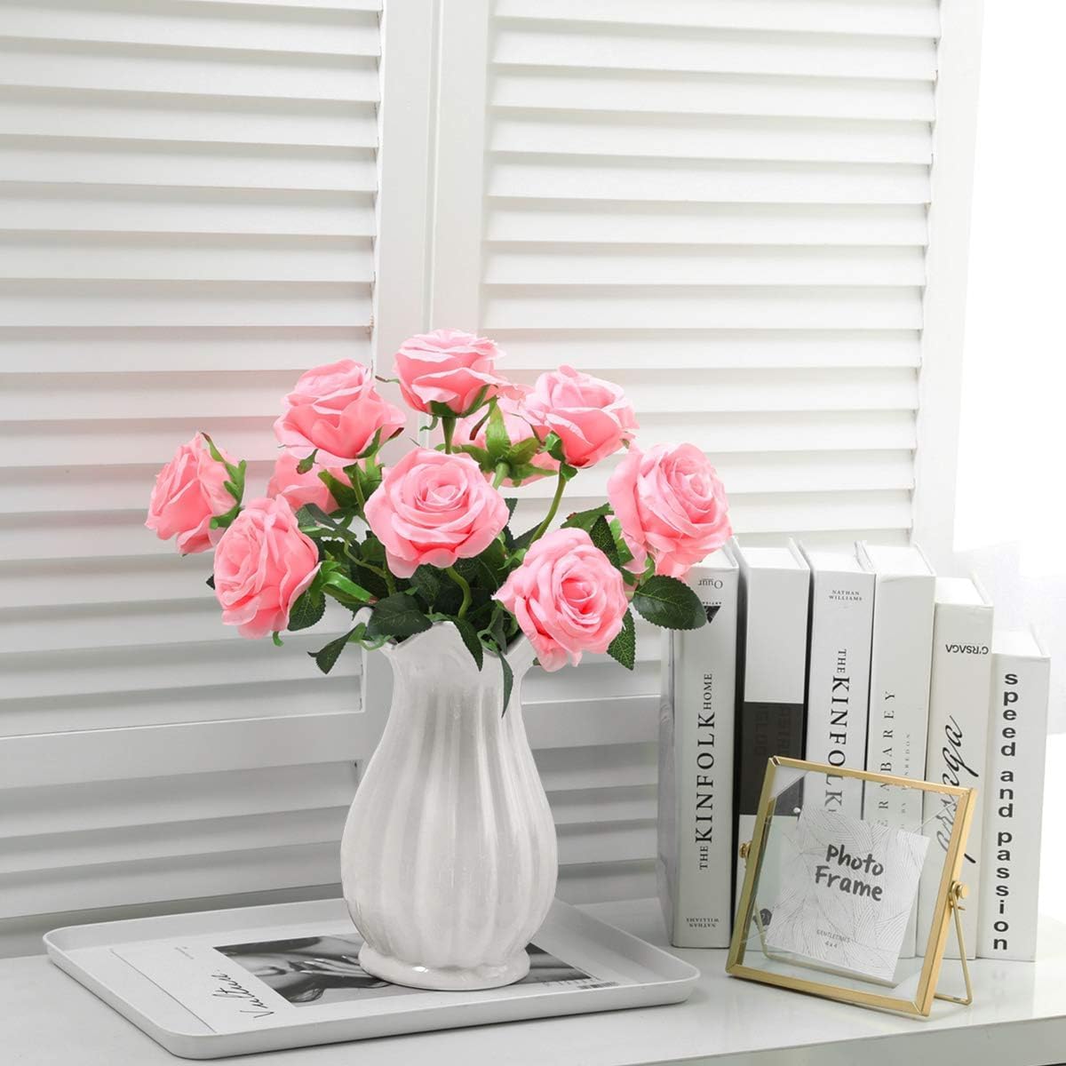 Pink Fake Roses Artificial Flowers - 10 Pcs Fake Artificial Roses Silk Flowers with Stems for Home Wedding Hotel Office Centerpiece Decor