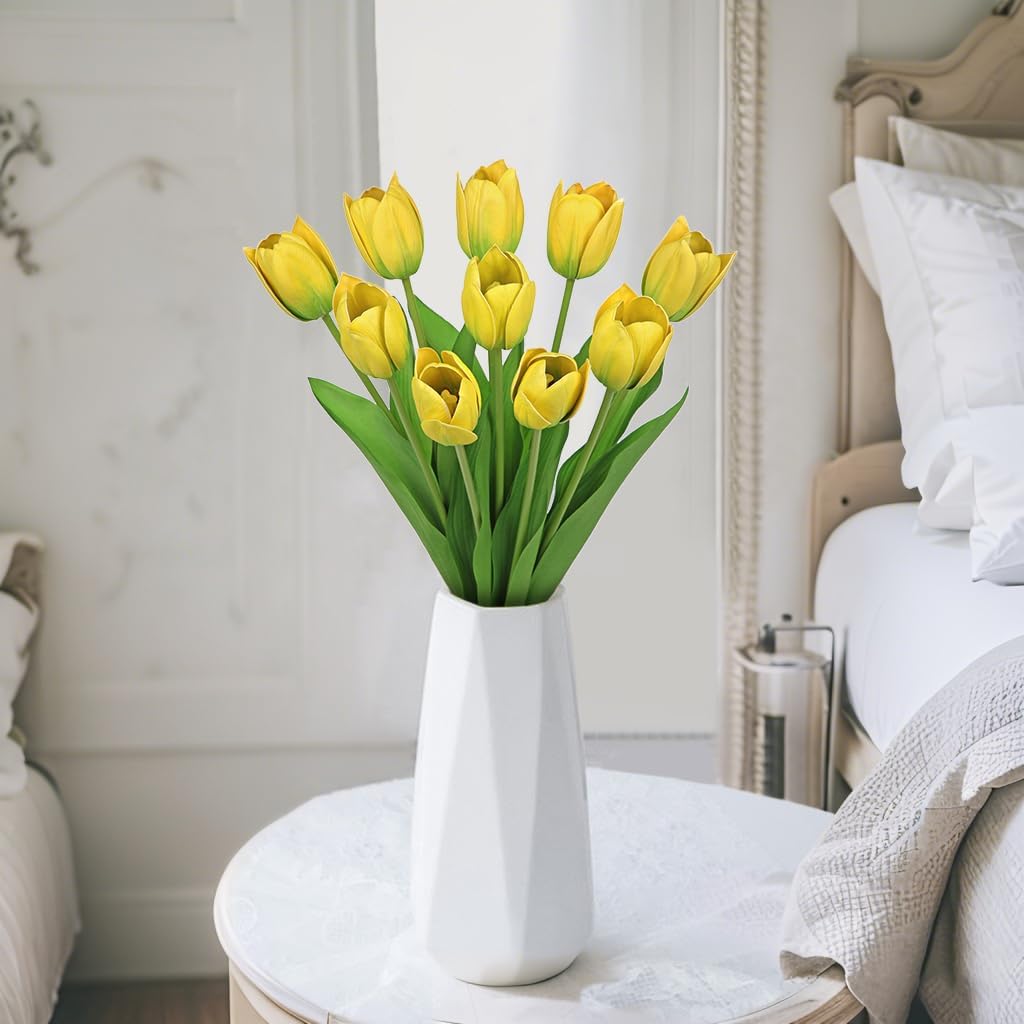 Artificial Tulips Flowers – 20" Long Stem Faux Tulips, 10PCS Real Touch Fake Yellow Tulip for Vase, Farmhouse, Kitchen, Spring & Wedding Home Decor