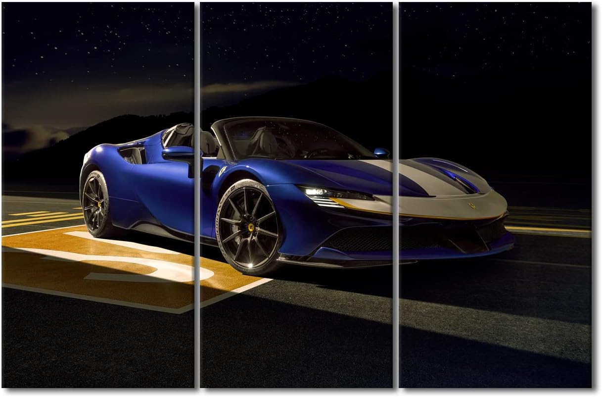 Blue Sports Car Canvas Wall Art Supercar at Night Paintings Speed Car Prints on Canvas Modern Artwork Pictures for Living Room Men Boys Bedroom Wall Decor Giclee Framed Ready to Hang, 60"Wx40"H