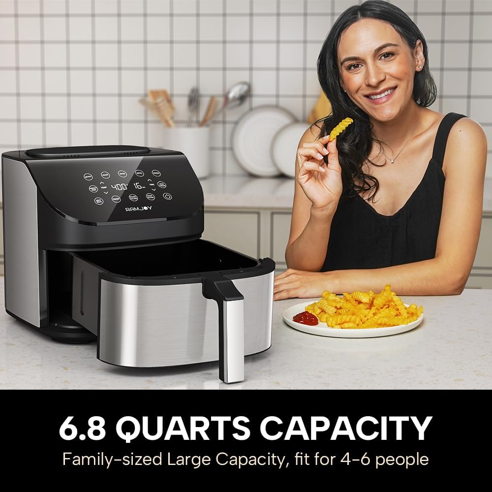 Air Fryer 6.8 Quarts, 10-in-1 Functions, Air Fry, Roast, Bake, Broil, Dehydrate, Large & Compact Air Fryers, Nonstick & Dishwasher-Safe Airfryer Basket, Stainless Steel Air Fryer, Easy to Use