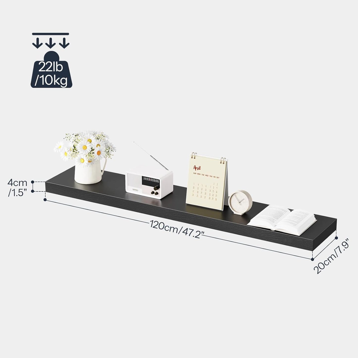 HOOBRO Floating Shelves for Wall, Wall Mounted Shelf Set of 2, 47.2" Hanging Shelf with Invisible Brackets, for Wall in Bathroom, Bedroom, Toilet, Kitchen, Living Room, Office, Black BK120BJP201