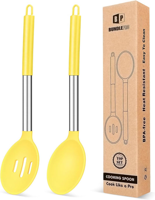 Pack of 2 Large Silicone Cooking Spoons,Non Stick Solid Basting Spoon,Heat-Resistant Kitchen Utensils for Mixing,Serving,Draining,Stirring (YELLOW)