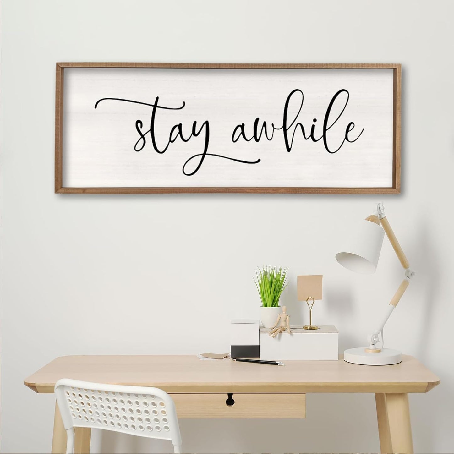 Stay Awhile Sign Wall Decor Sign 40"X15" Large Living Room Entryway Wood Framed Rustic Wall Decor for Vintage Farmhouse Foyer Hanging Lets Stay Home Wall Art (Wood)