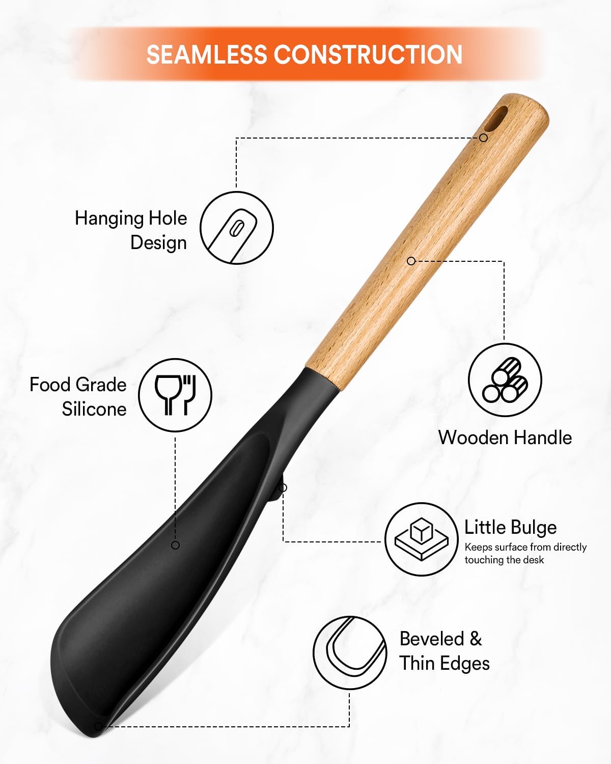 Multifunction Spatula Spoon for Nonstick Cookwares, Great for Cooking and Serving, Sturdy BPA-Free Matte Silicone, Wood Handle Spatula for Mixing, Scoop, and Scrape, Black(2 pack,11.4" & 13.4")