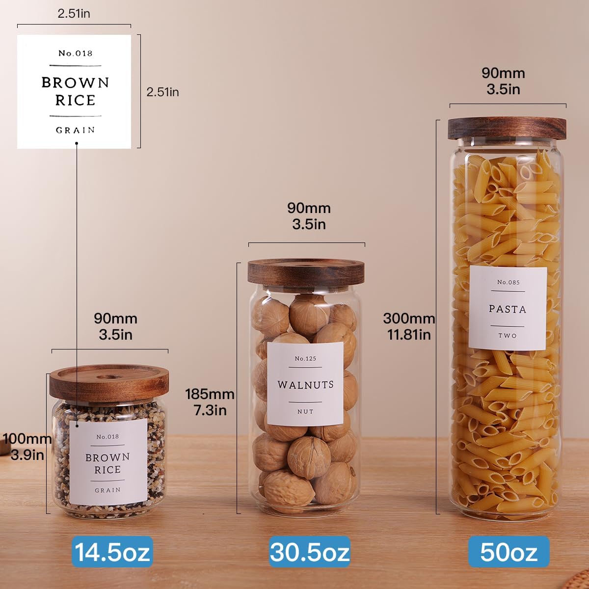 5 Set Glass Pantry Storage Jars with Acacia Airtight Lid - Thicken Glass Kitchen Canisters with 132 Pantry Labels - Clear Glass Food Storage Containers with Wood Lid for Tea,Sugar,Candy,Cookie,Pasta