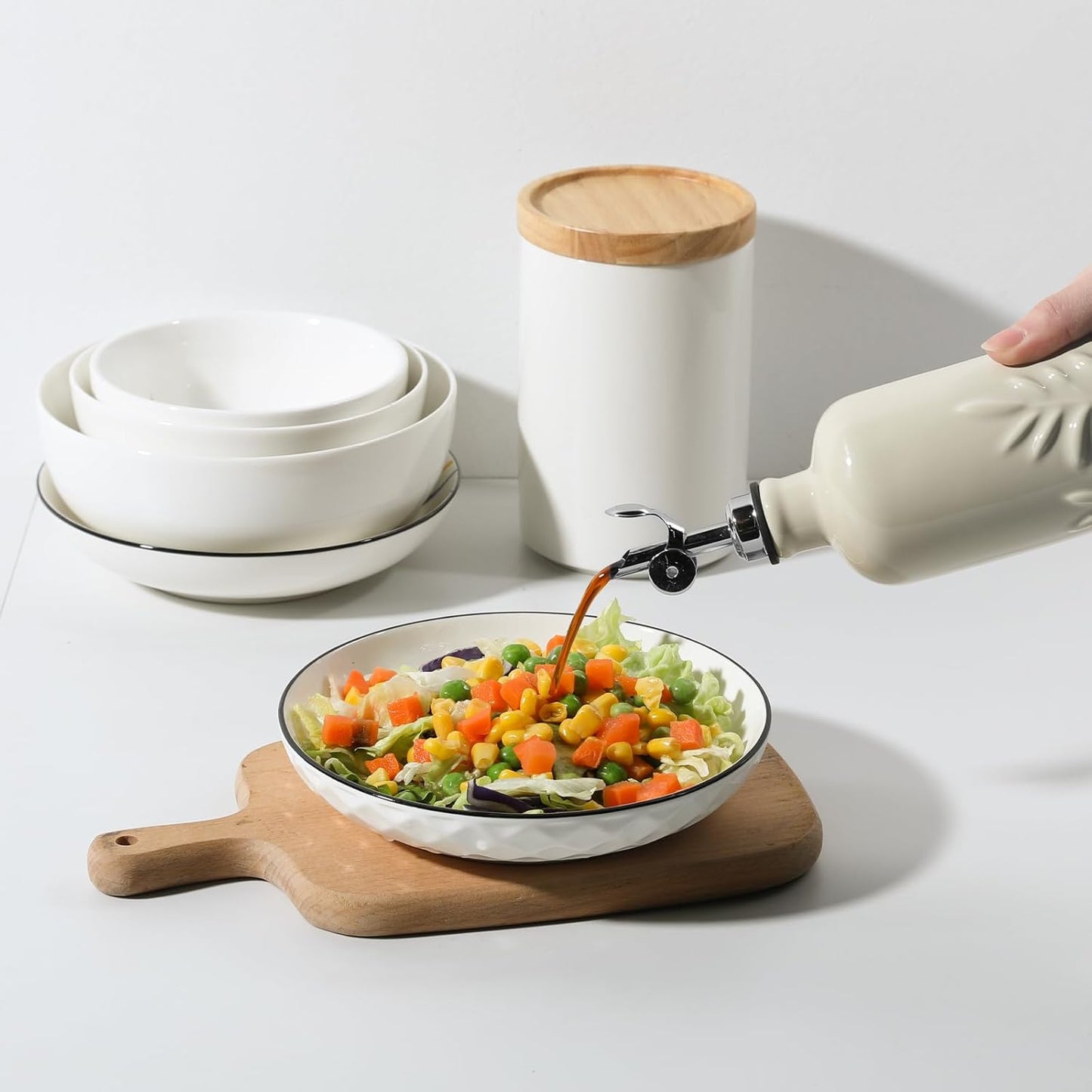 Sweejar 18 Oz Oil Dispenser for Kitchen with Gravity Spout, Ceramic Olive Oil Dispenser Bottle, Relief Opaque Vinegar Container for Evoo, Vinegar, Soy Sauce, Pack of 1(Beige, Silver Spout)