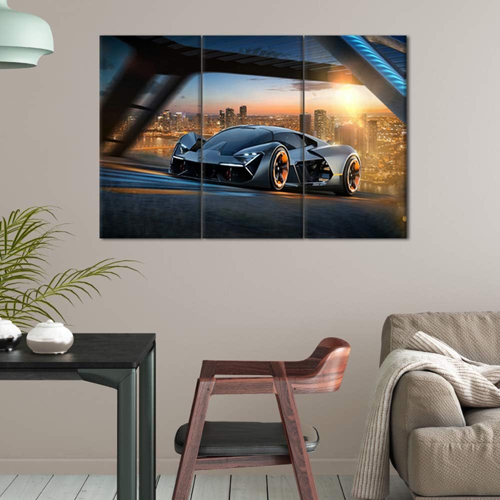 TUMOVO Cityscape Painting Sports Car Artwork Racing Pictures for Living Room 3 Piece Canvas Wall Art Modern Home Decoration Framed Stretched Ready to Hang Posters and Prints - 28 x 14inch x 3 Panel