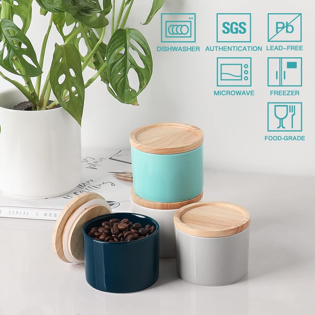 Sweejar Kitchen Canisters Ceramic Food Storage Jar, Stackable Containers with Airtight Seal Wooden Lid for Serving Ground Coffee, Tea, Sugar, Spice and More - 5 Fl Oz(Gray)