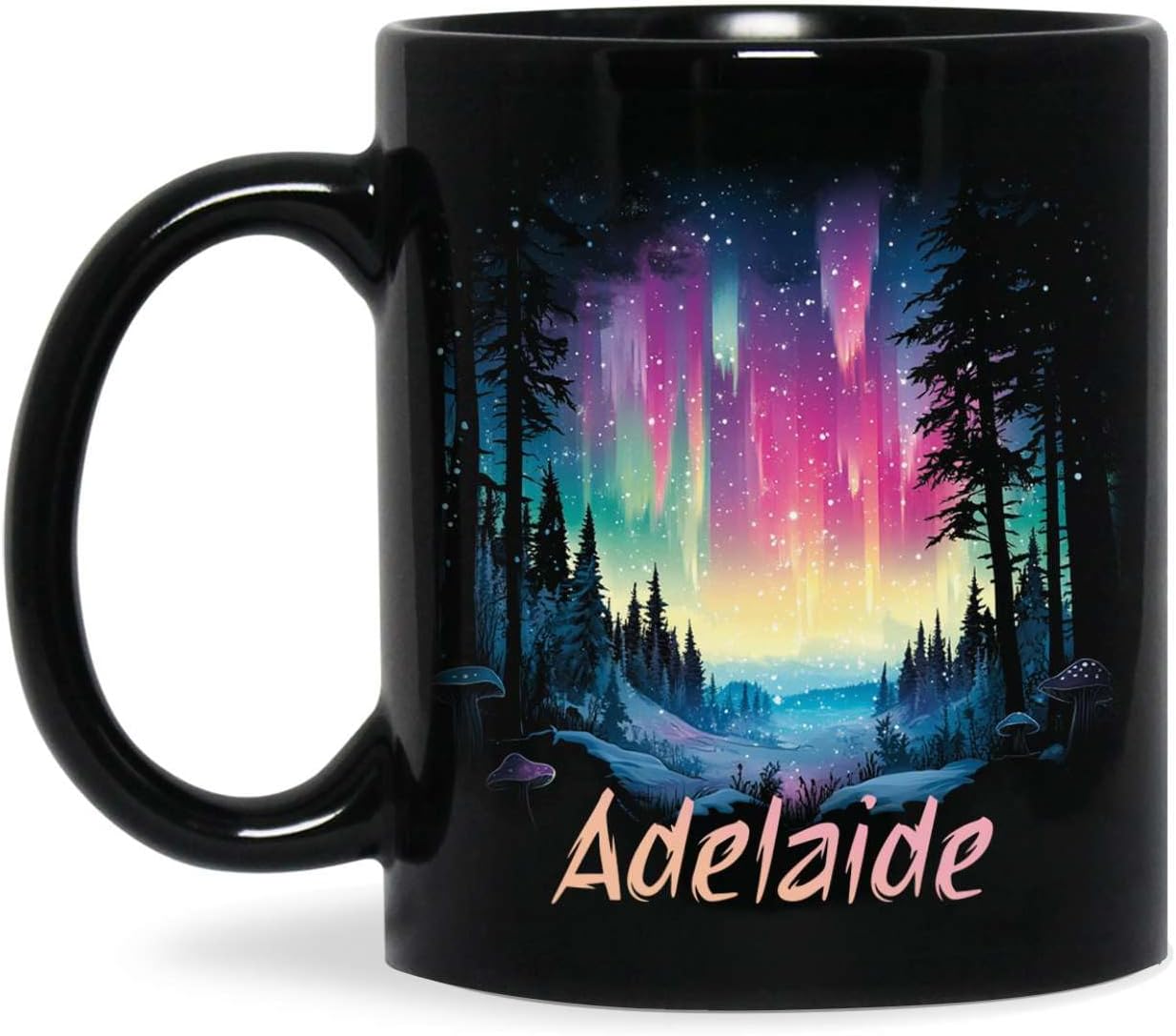 Personalized Winter Landscape Coffee Mug, Custom Northern Lights Ceramic Cup, Enchanted Forest With Vibrant Sky Mug, Custom Choose Name Black Mug 11oz 15oz, Gift For Nature Lovers
