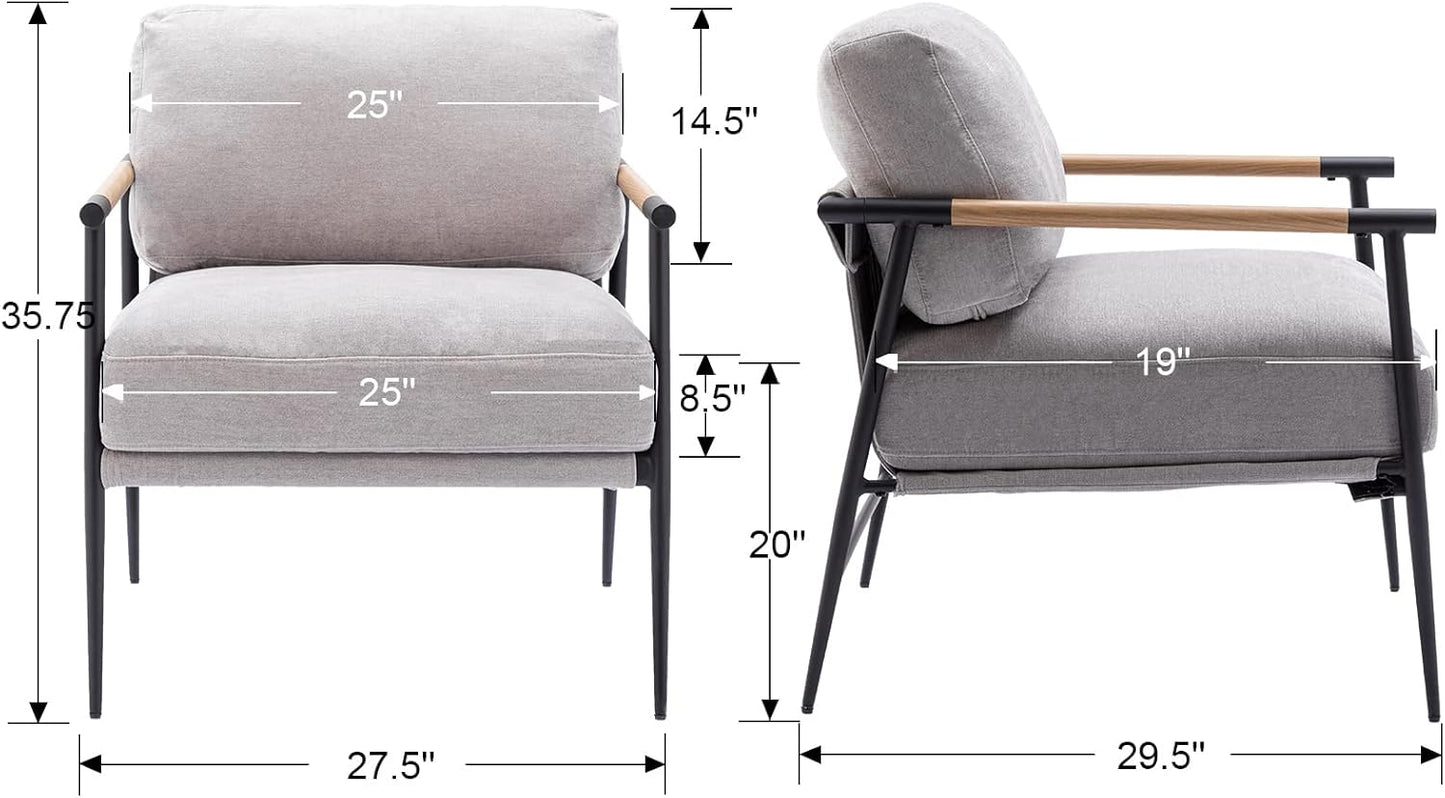 Mid-Century Accent Chair Set of 2, Soft Armchair Chenille Fabric Lounge Chair with Black Metal Legs, Upholstered Leisure Chair for Living Room Bedroom Reception Room, Grey