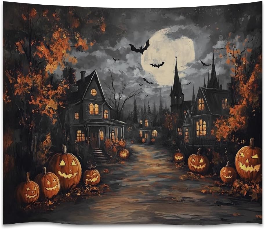 Spooky Halloween Tapestry Haunted Home Bats Pumpkin Tapestry Wall Hanging Dark Academia Fall Full Moon Decor Gothic Ghost Tapestries for bedroom Living Room Decoration 40x60inch