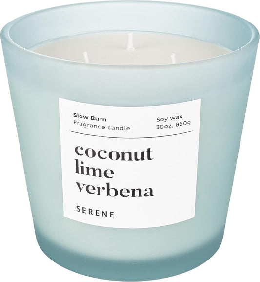 Hidden Label Large Scented Candle, Coconut Lime Verbena, 30oz 3 Wick Huge Candle, Serene Collection Slow Burn Natural Soy Candles for Home Scented